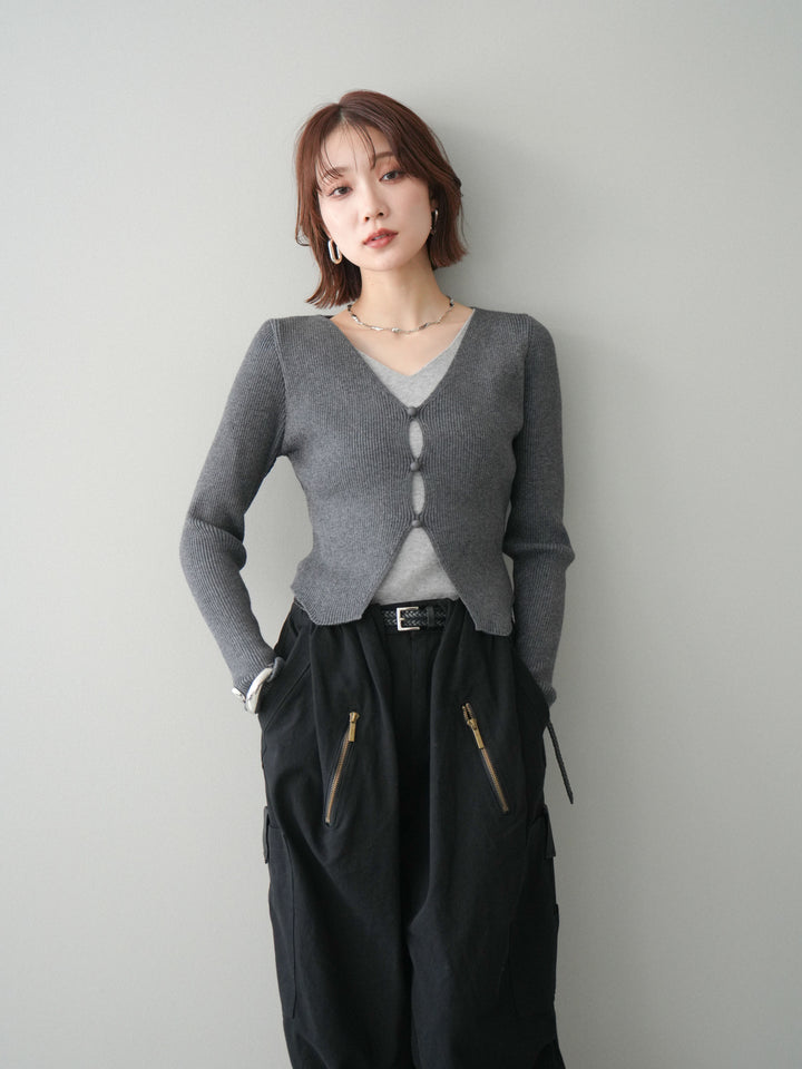 [SET]Vネック配色レイヤードスリットニットトップス+選べるアクセセット(2set)