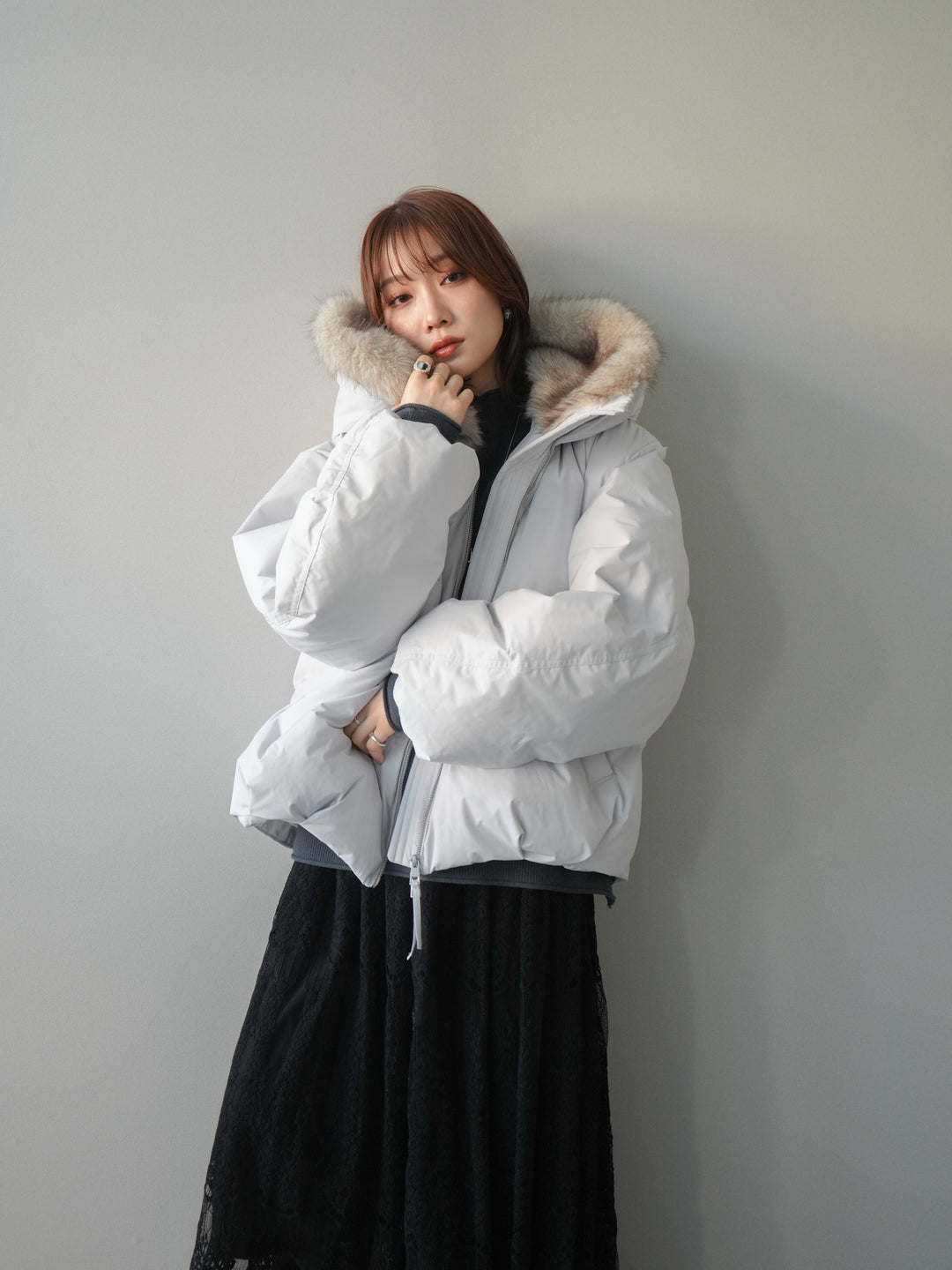 [予約]フードファーショートダウンコート/lightgray