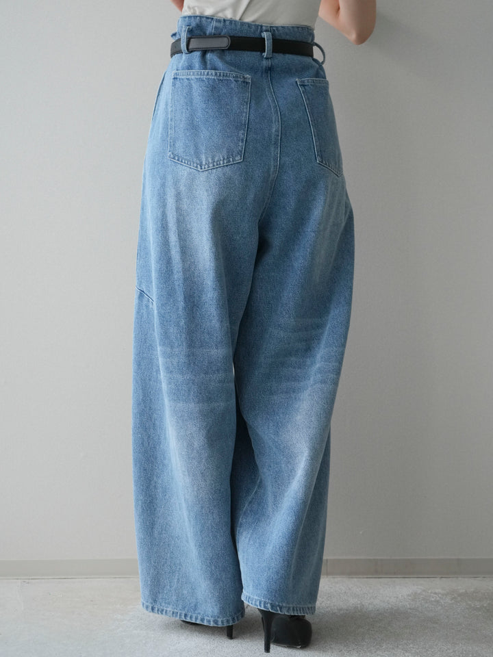 [予約]ハイウエストベルトループデザインデニムパンツ/blue