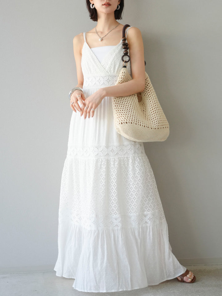 [SET] 蕾絲花邊吊帶裙+網紗羅紋罩杯吊帶背心（2件組）