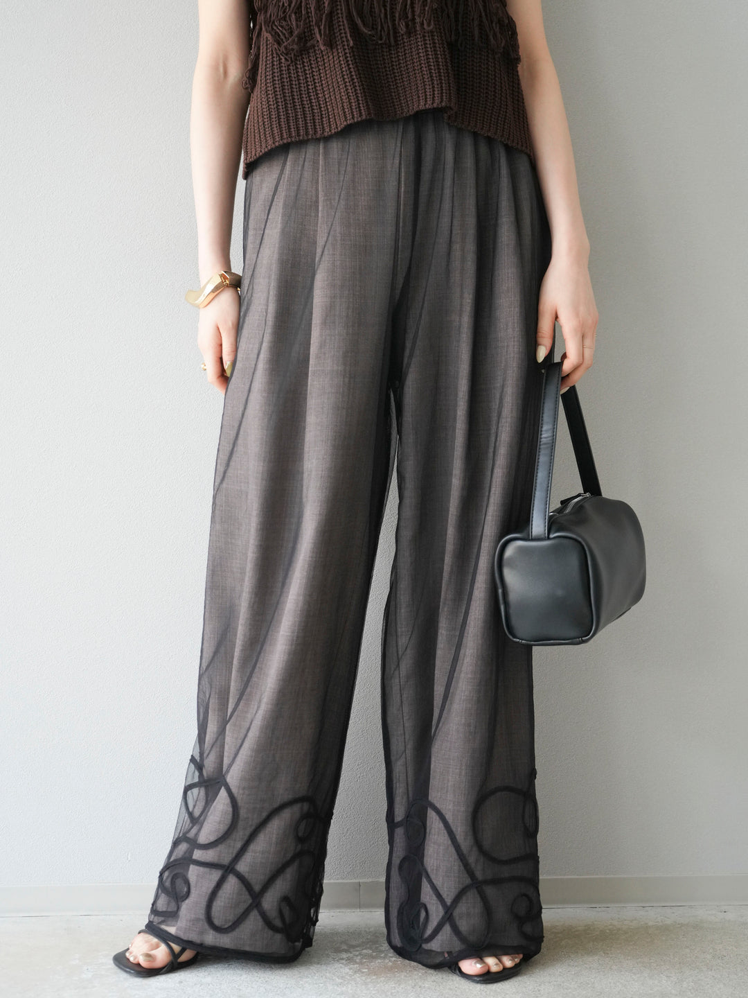 [SET] 繩繡薄紗疊穿褲+麻質寬鬆寬褲（2件組）