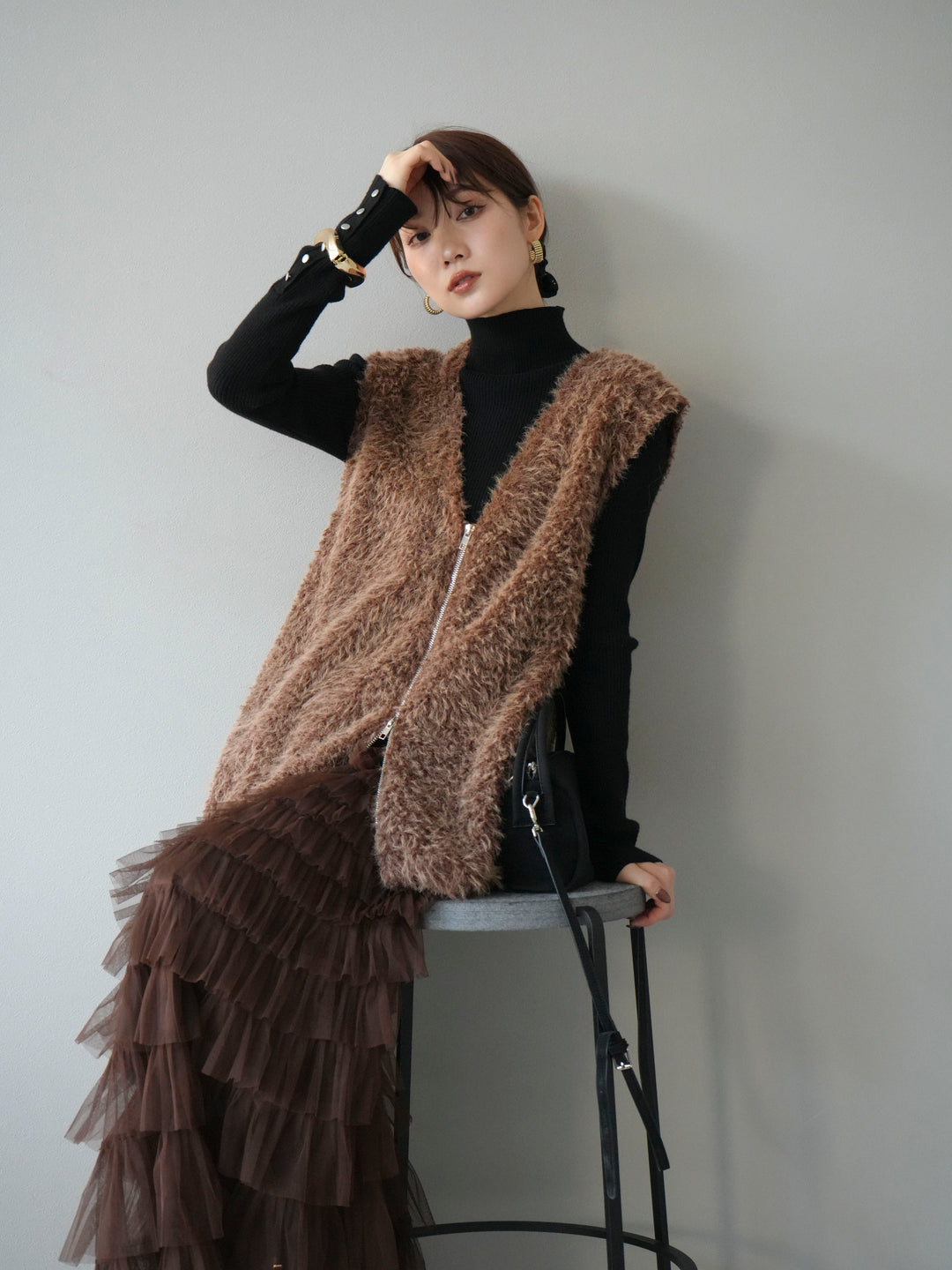 [予約]ダブルZIPループシャギーベスト/ブラウン