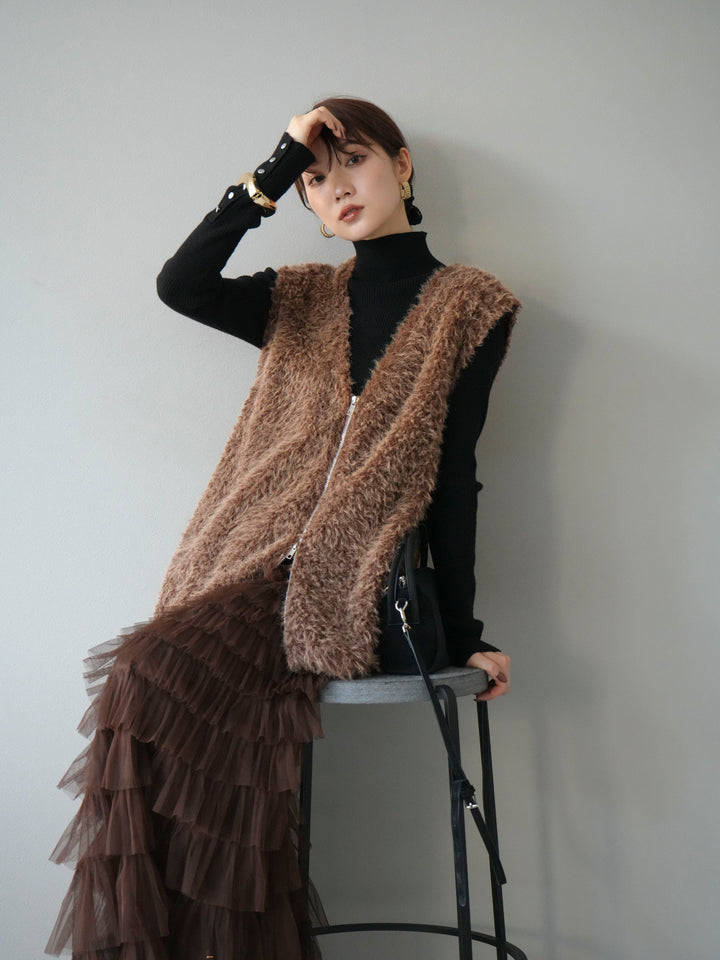 [予約]ダブルZIPループシャギーベスト/ブラウン