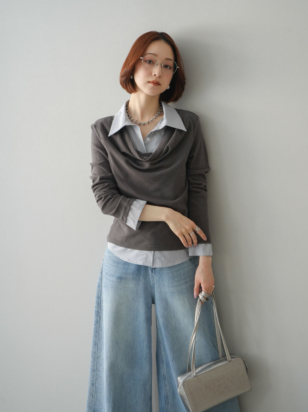[予約]ストライプドッキングシャツドレープカットソー/charcoal