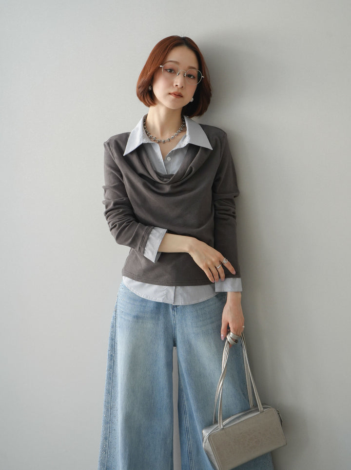 [予約]ストライプドッキングシャツドレープカットソー/charcoal