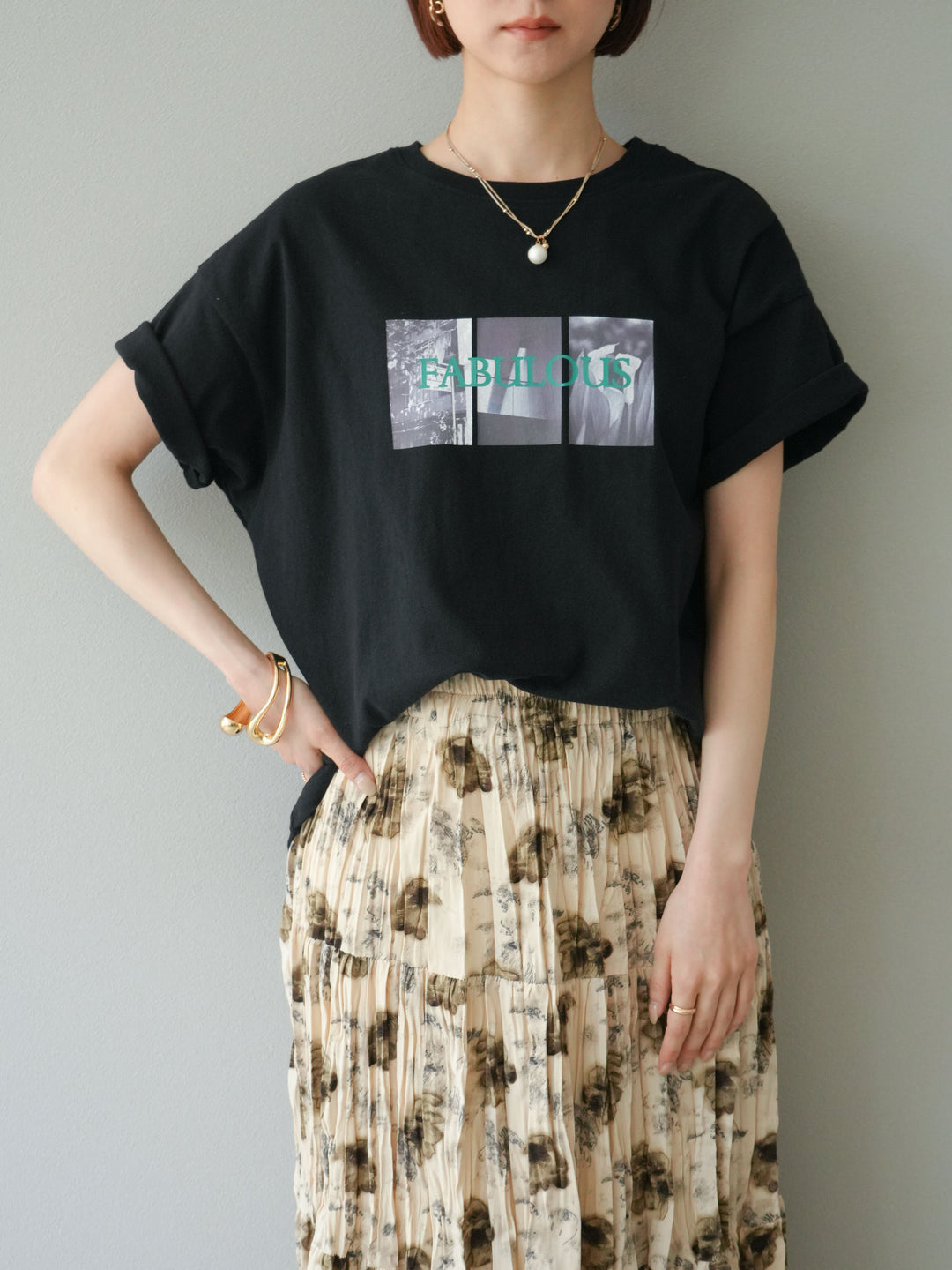 [SET]ネオンロゴコラージュフォトプリントオーバーTシャツ+フラワーワッシャーロングスカート(2set)