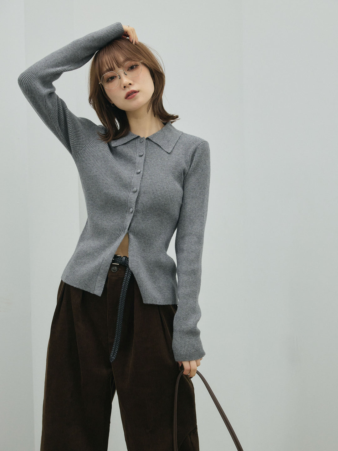 【Allure】[SET]くるみボタンポロリブニットトップス+コーデュロイタックワイドパンツ(2set)