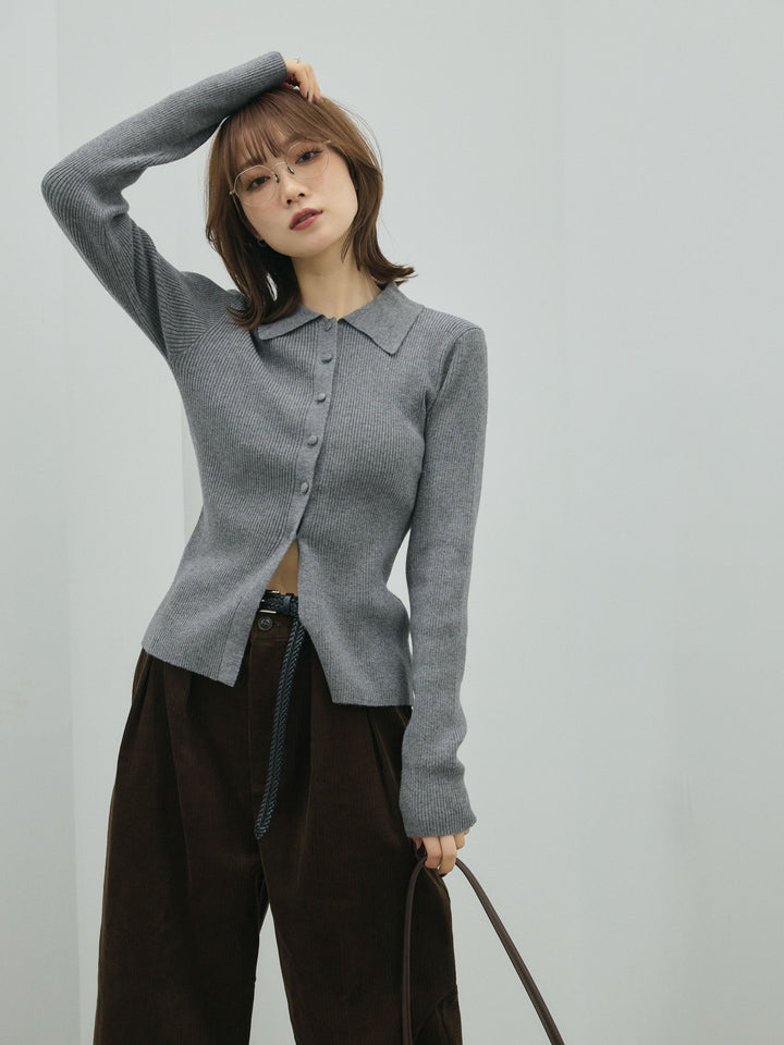 【Allure】[SET]くるみボタンポロリブニットトップス+コーデュロイタックワイドパンツ(2set)