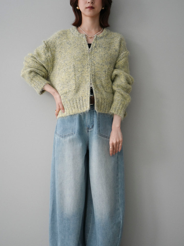 [SET]ミックスヤーンダブルZIPニットカーディガン+ベルト付裏起毛カーブデニムパンツ(2set)