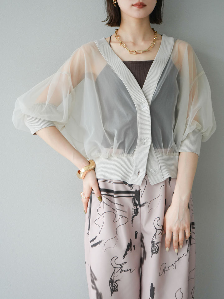 [SET] 透視半袖褶皺開襟衫 + 彩繪圖案褶襉褲 (2set)