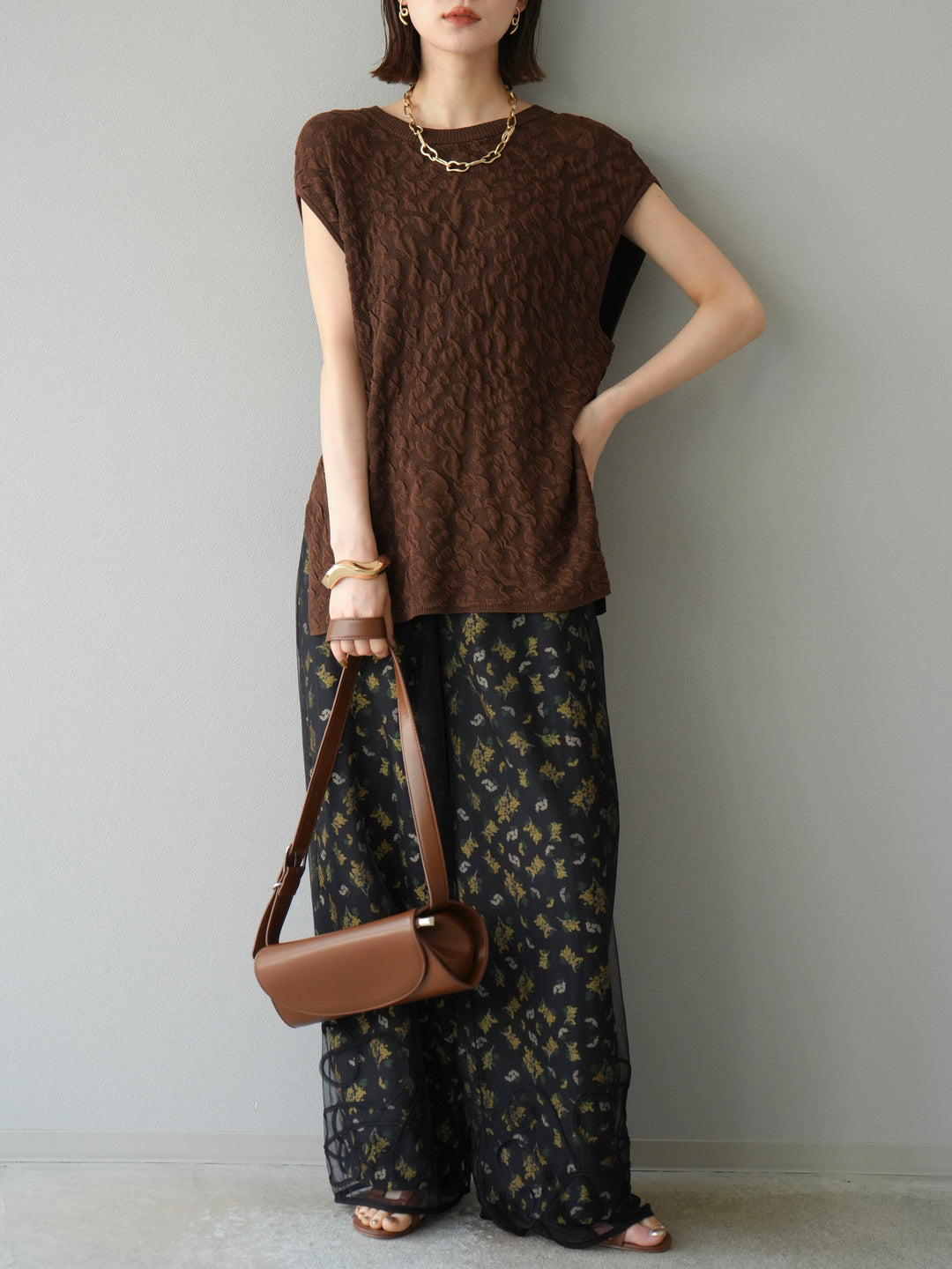 [予約]ブーケプリントタックパンツ/ブラック