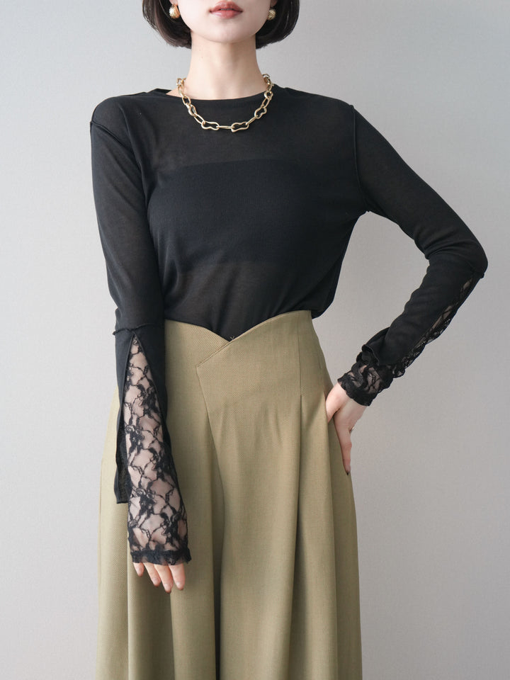 [予約]袖レースレイヤードデザインメロートップス/black