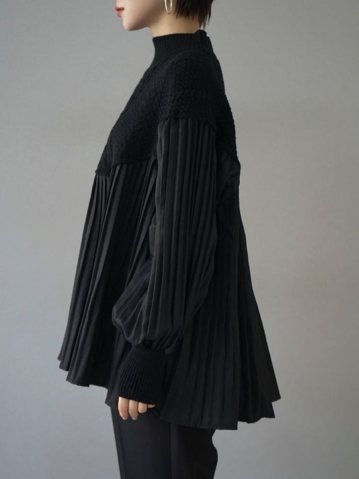 [Pre-order] Pleated blouse docking high neck knit pullover/black