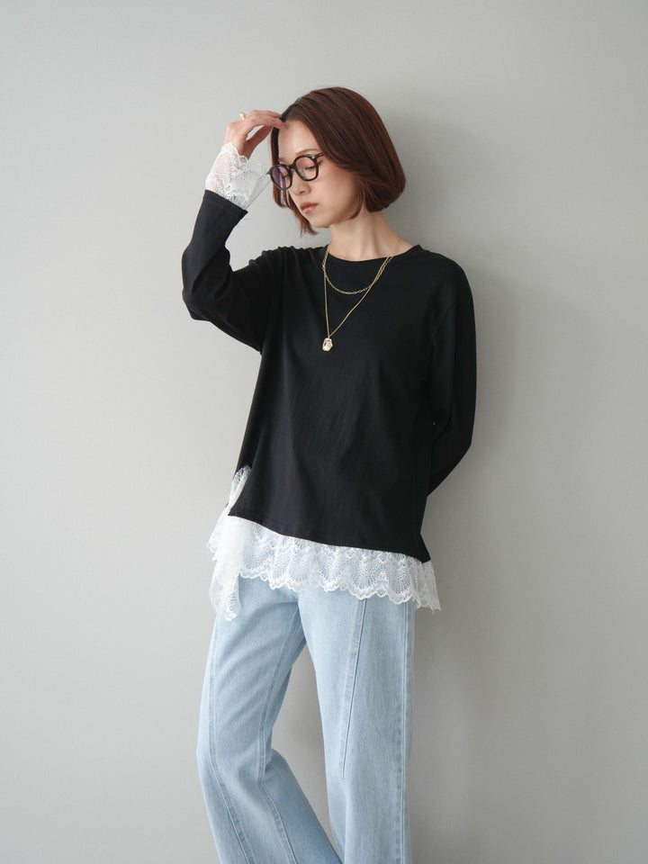 [予約]裾レースコンビカットソー/black