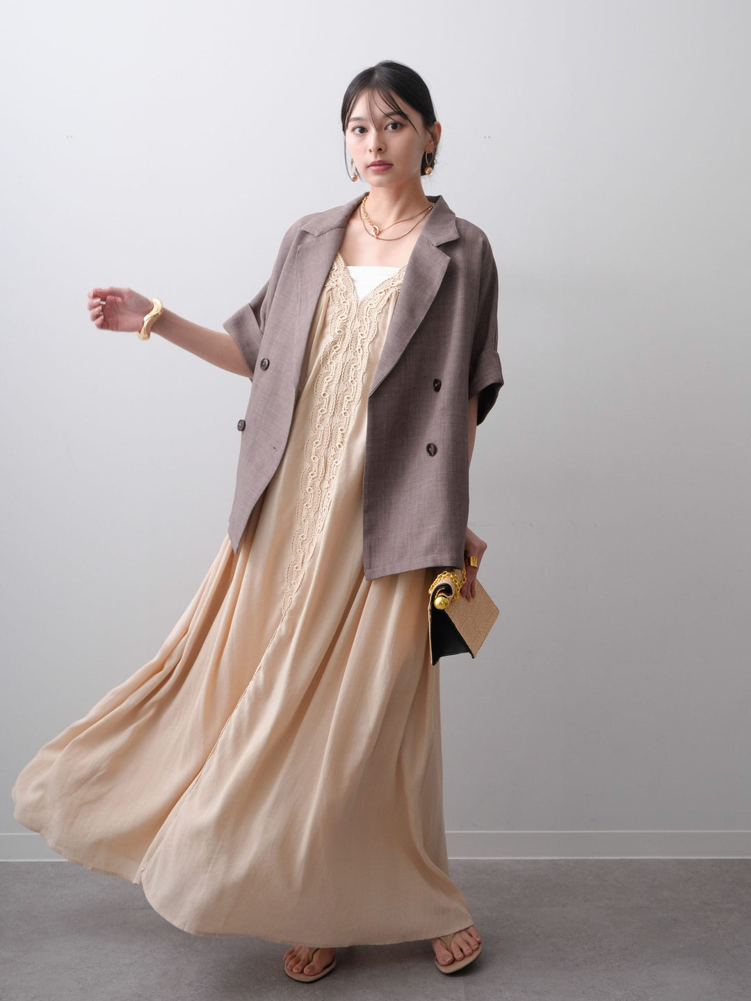 [SET]レースラインキャミワンピース+リネンライクハーフダブルジャケット(2set)