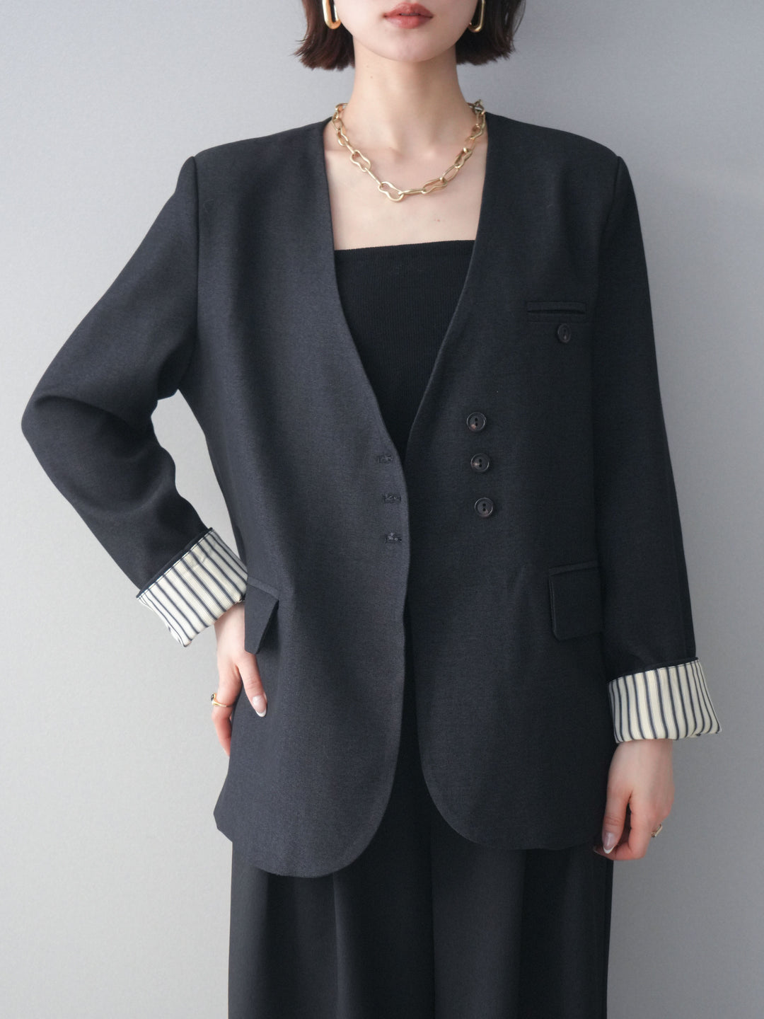 [SET]ノーカラージャケット+サテンベルトタックワイドパンツ(2set)