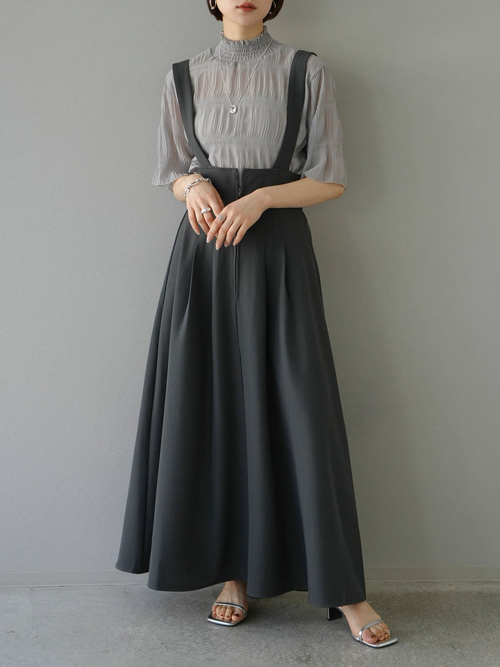 [SET] Shirring chiffon half sleeve blouse + 2WAY flare jumper skirt (2set)