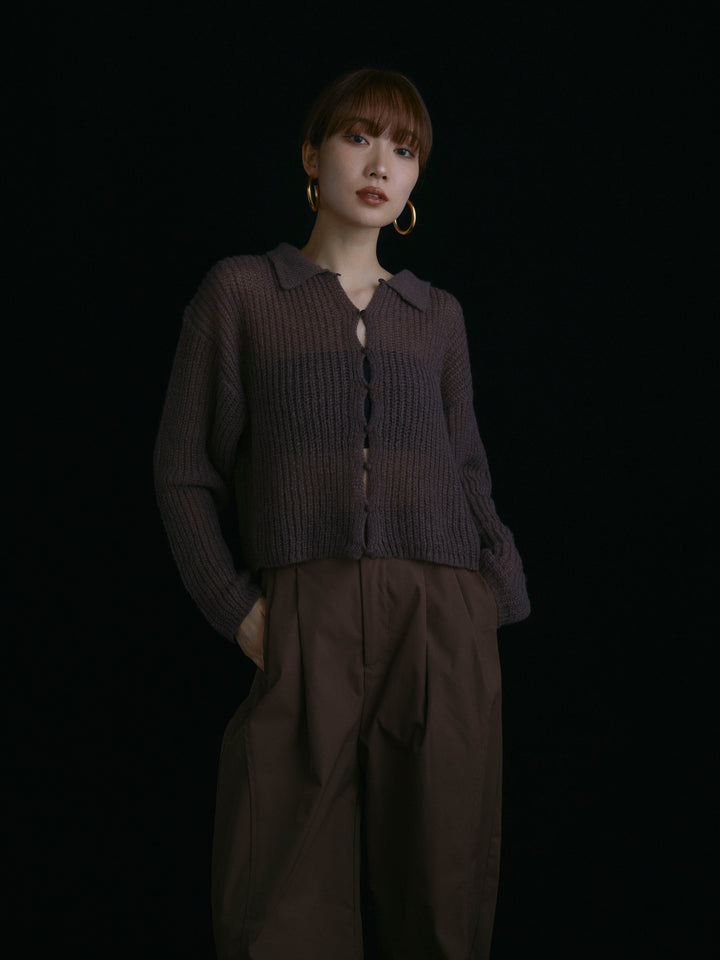 【Allure】[SET]起毛片畦編みシアーポロニット+タフタワイドカーブパンツ(2set)