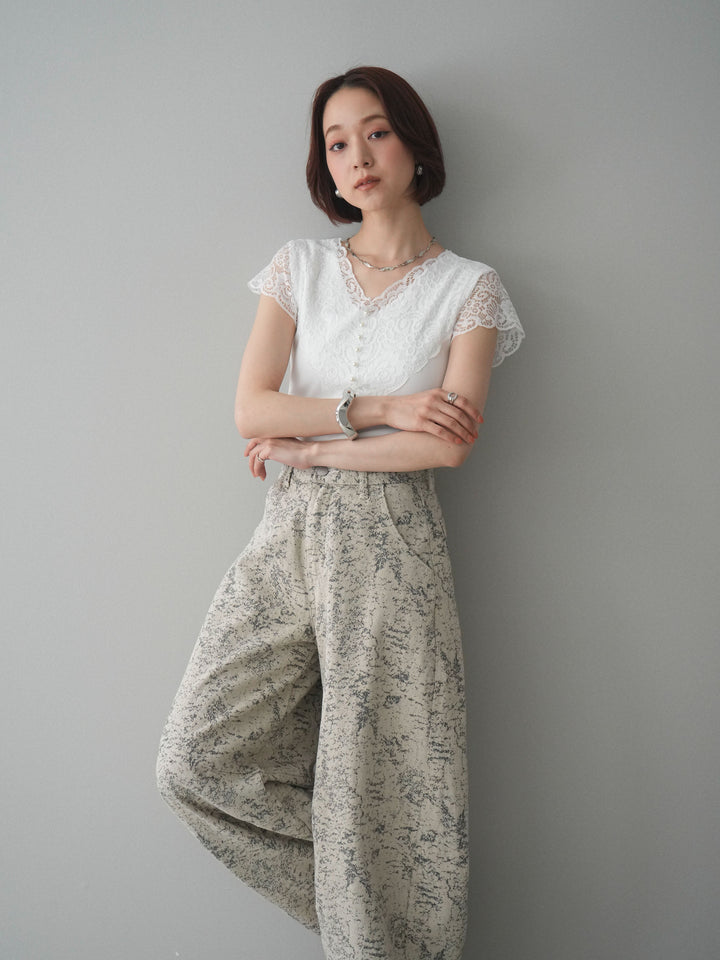 [予約]パールボタンレース切替ニットトップス/white