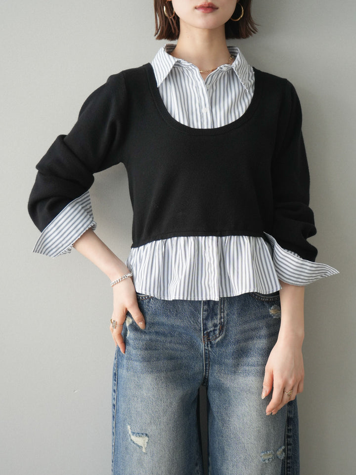 [SET]ストライプシャツUネックドッキングニットプルオーバー+ダメージデニムセミワイドパンツ(2set)