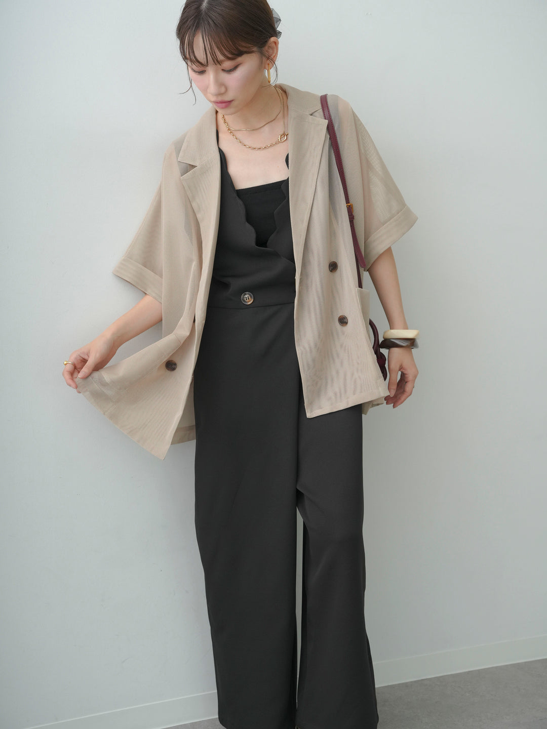 [SET]スカラップデザインサロペット+メッシュハーフWジャケット(2set)