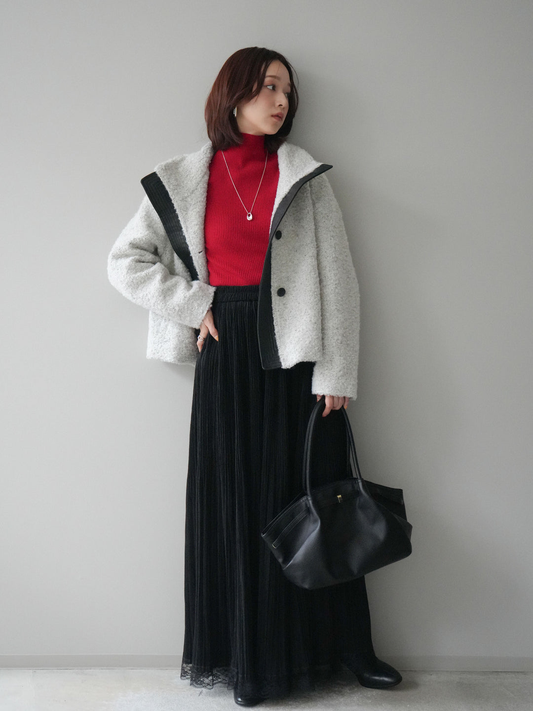 [SET]レザー切替ブークレブルゾン+袖ボタンボトルネックリブニットトップス+裾レーススウェードプリーツマキシスカート(3set)