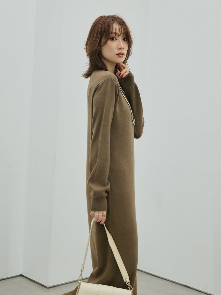 [予約]ヘンリーネックレイヤードニットワンピース/khaki