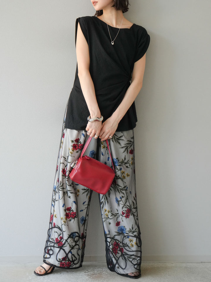 [SET] 側扭法式上衣+植物圖案休閒褲+繩繡薄紗疊穿褲（3件套裝）