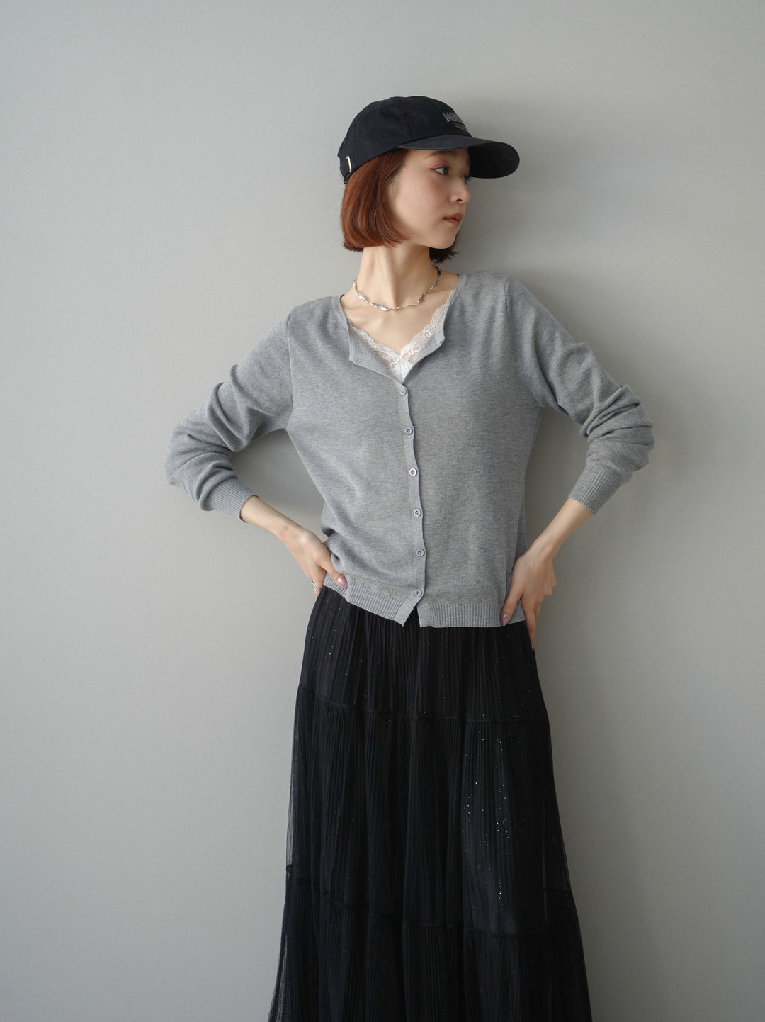 [予約]レースレイヤードニットカーディガン/gray