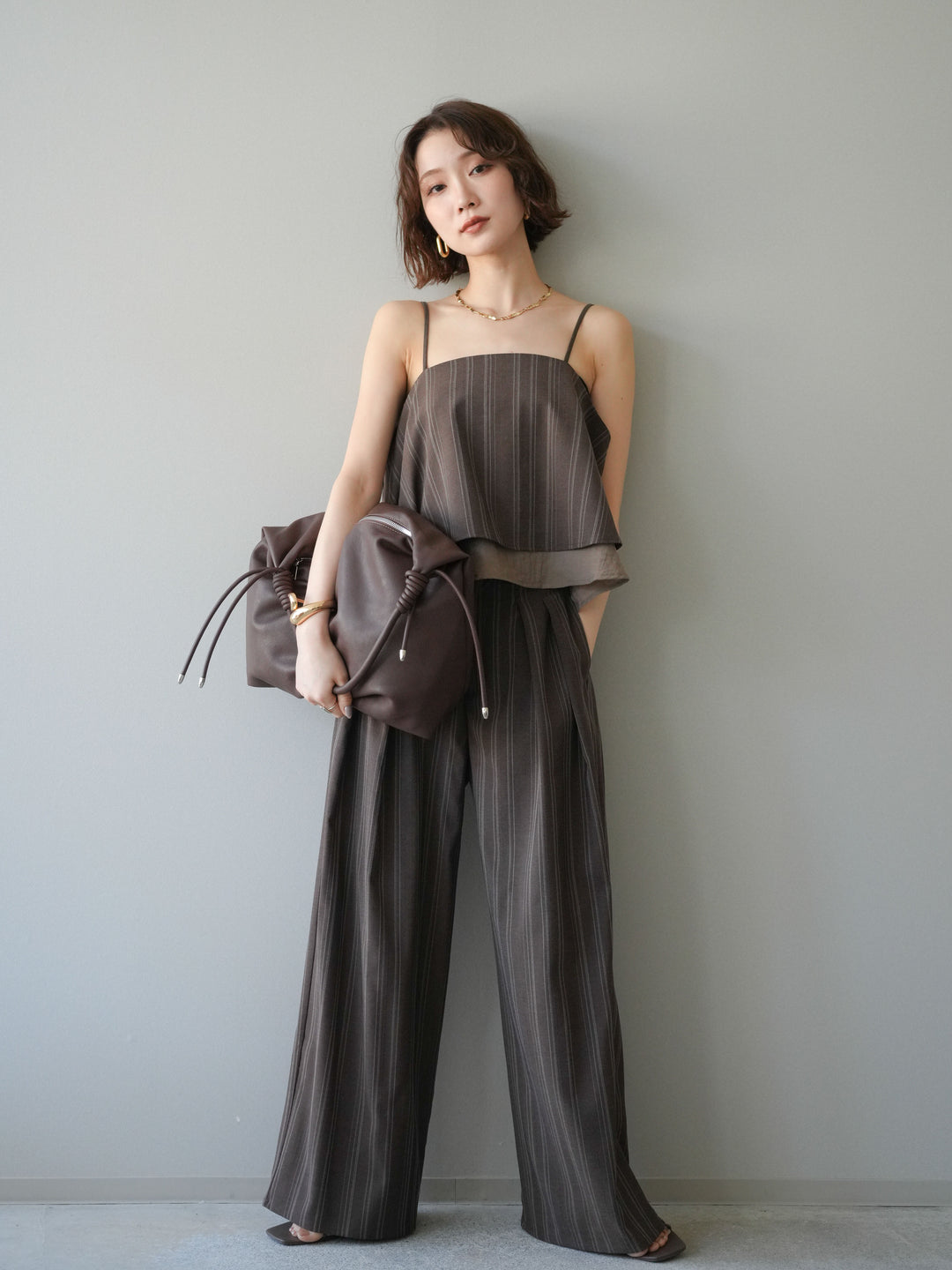 [SET]ピンストライプレイヤードキャミソール+ピンストライプタックワイドパンツ(2set)