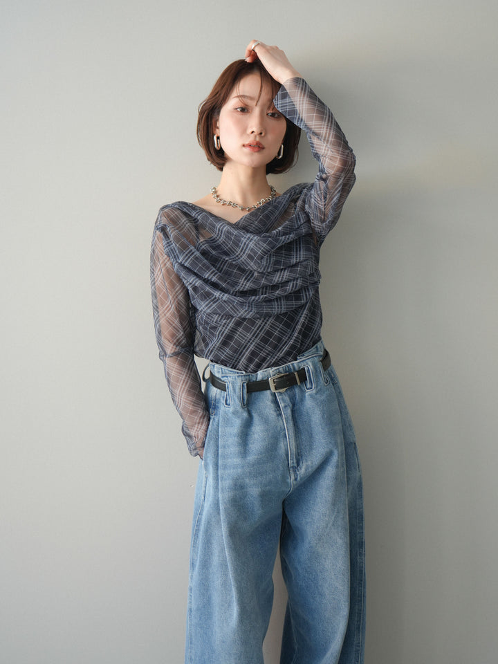 [予約]チュールバイアスチェックプリントタックネックトップス/navy