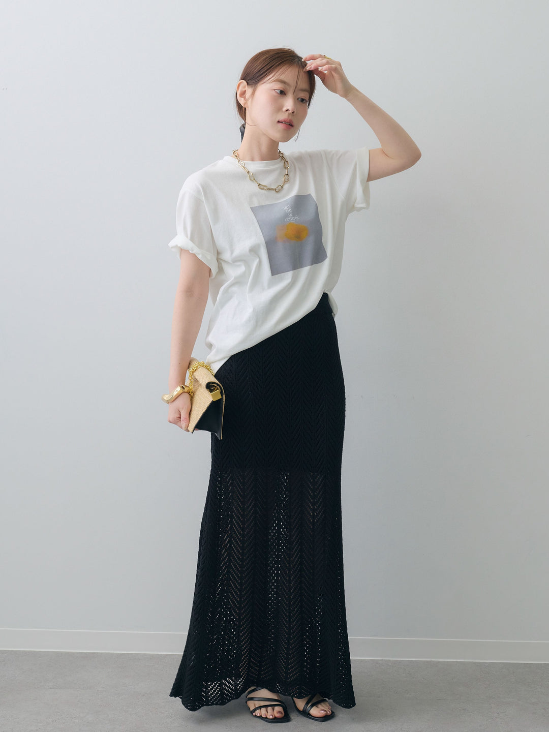 [SET]ニュアンスフローラルフォトTEE+クロシェシアーセミフレアスカート(2set)