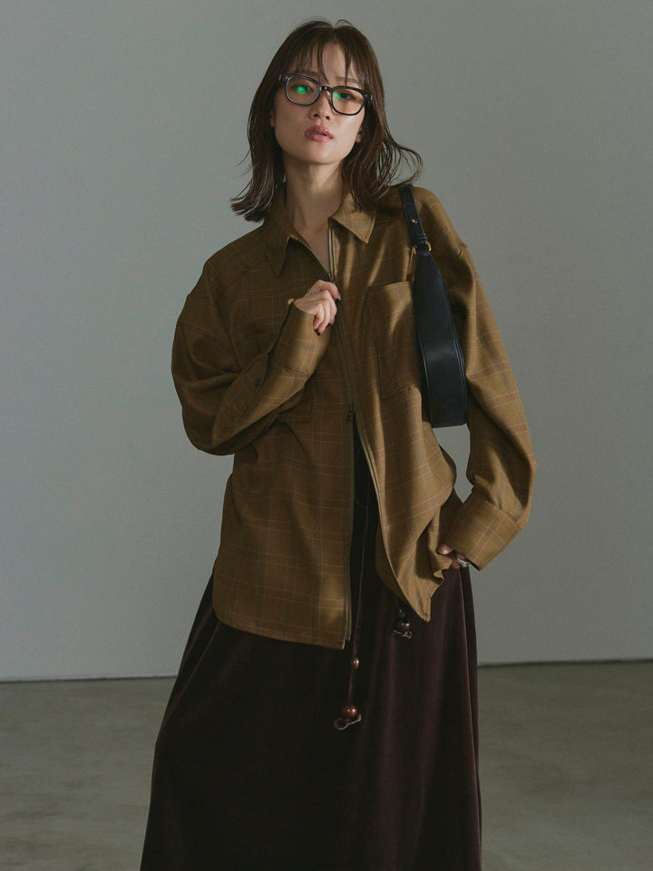 【Allure】[SET]杢チェックZIPシャツジャケット+ベロアナロースカート(2set)