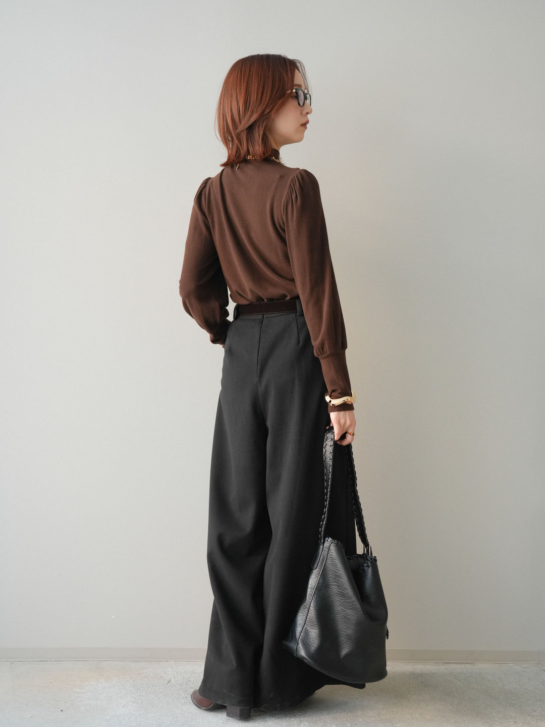 [予約]ベルト付きフロントタックワイドパンツ/black