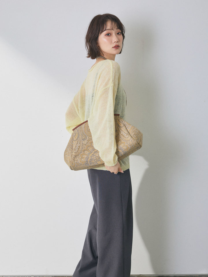 [予約]モヘアタッチ透かし編みボートネックニットプルオーバー/yellow