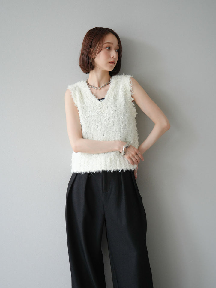 [予約]テープヤーンフリンジニットベスト/アイボリー