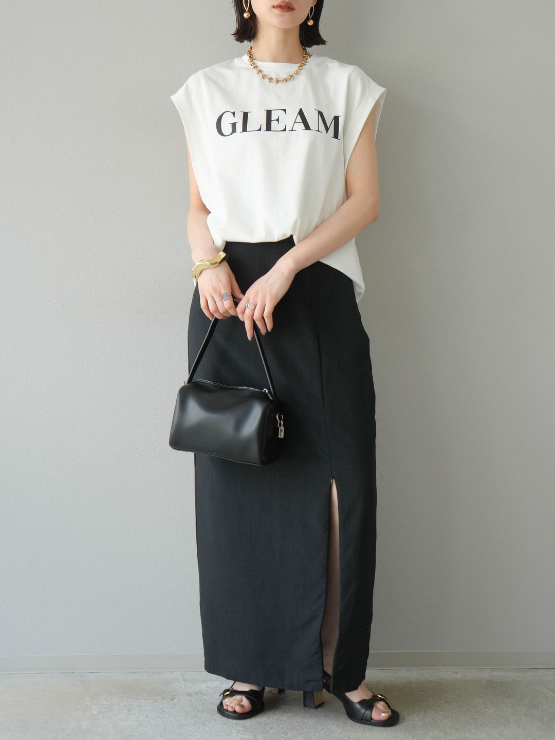 [予約]リネンライクZIPスリットタイトスカート/ブラック