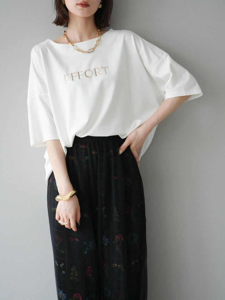 [予約]異素材メタリックロゴ刺繍×プリントTシャツ/オフ