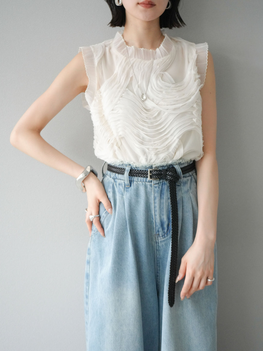 [予約]チュールジャガードノースリブラウス/アイボリー