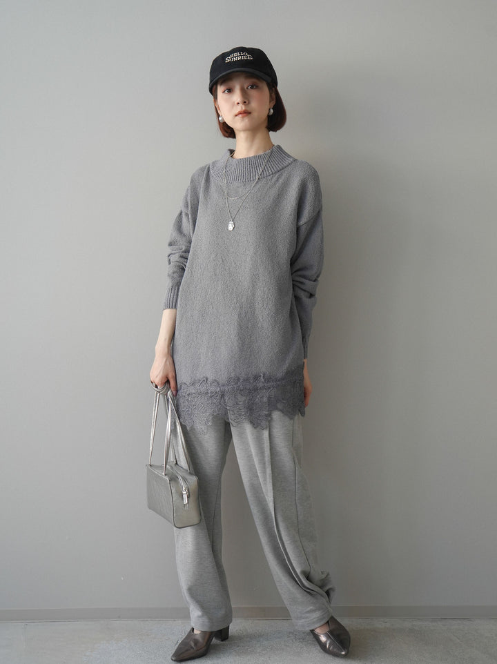 [SET]アシンメトリーレースヘムニットプルオーバー+2WAYデザインスウェットパンツ(2set)