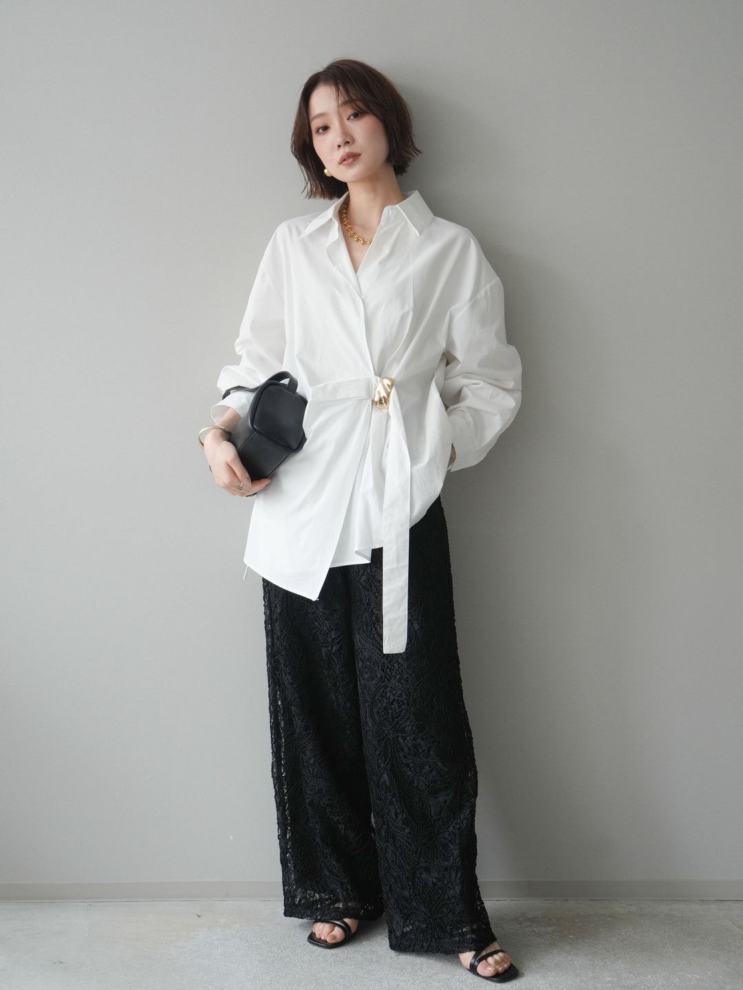 [SET]メタルパーツドレープシャツ+シアーコードレースイージーパンツ(2set)