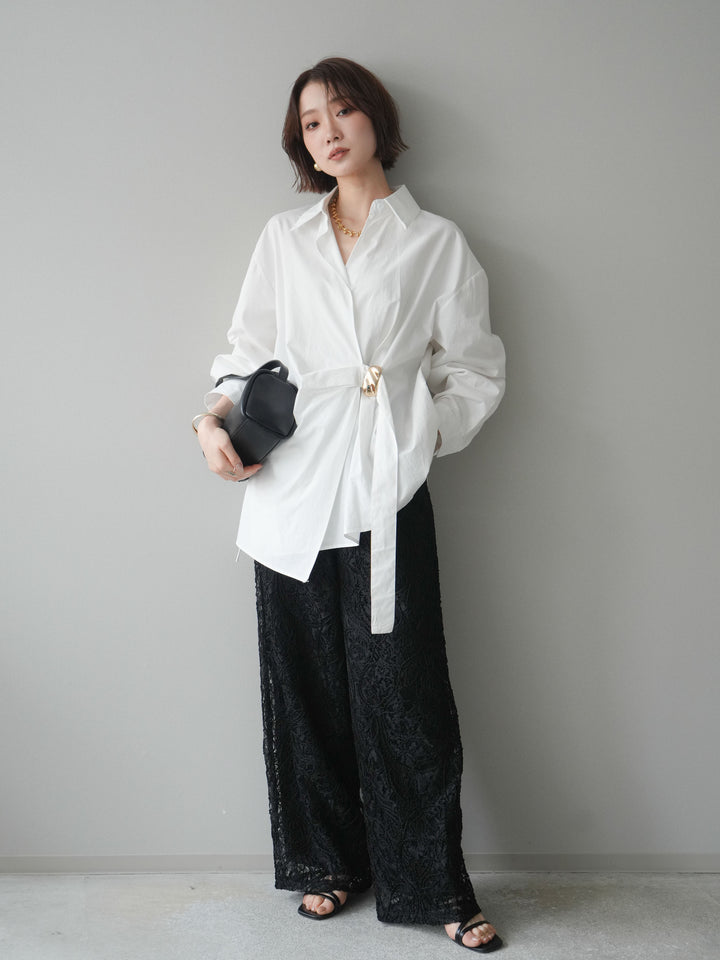 [SET]メタルパーツドレープシャツ+シアーコードレースイージーパンツ(2set)