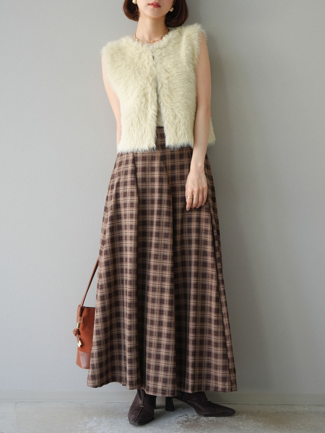 [予約]チェックタックフレアロングスカート/ ブラウン