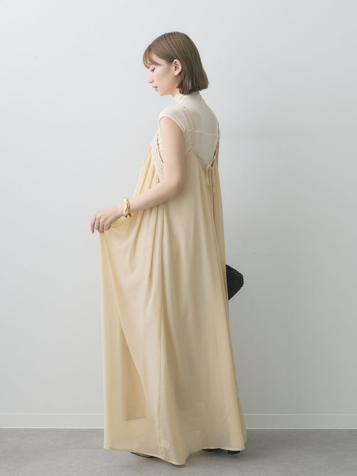 [SET]センタークロシェレースキャミワンピース+シアー切替ストレッチトップス(2set)