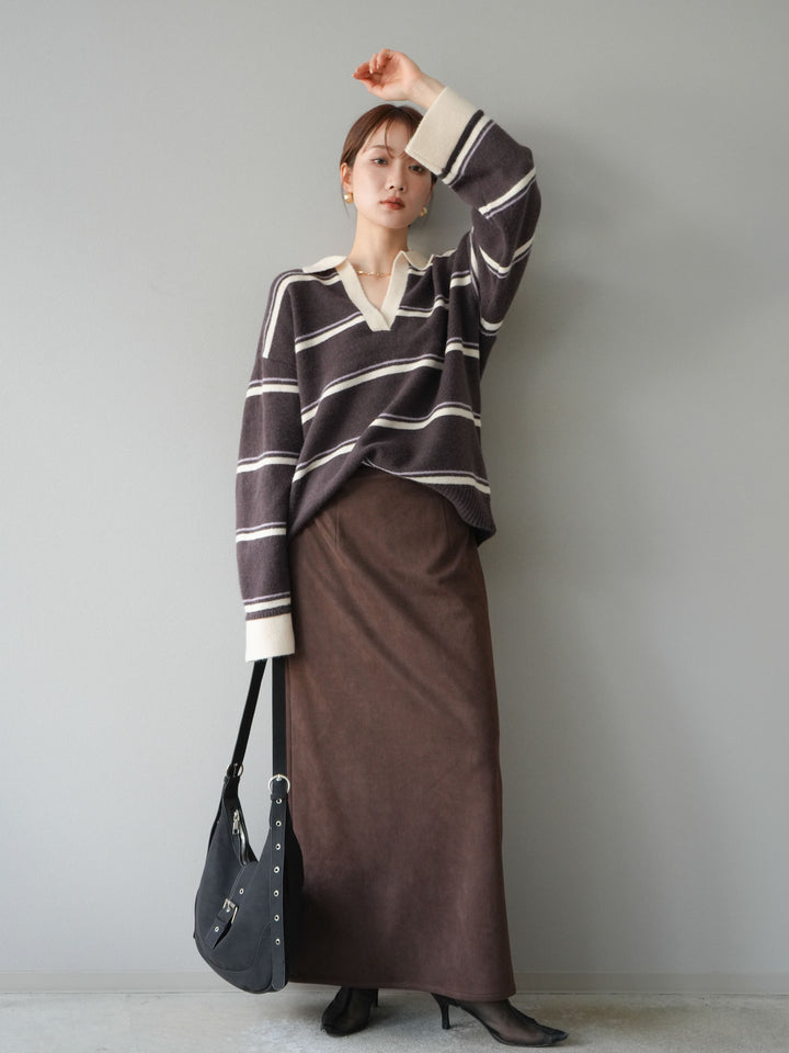 [SET]ポロ襟スキッパーボーダーニットプルオーバー+スウェードIラインスカート(2set)