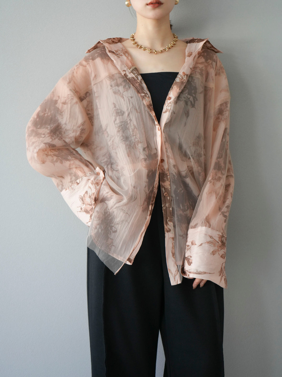 [予約]チュールドッキングフラワー柄オーバーサイズシャツ/ブラウン