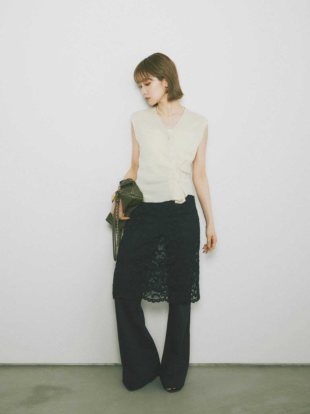 [SET]2WAYデザインニットベスト+レイヤードスカートセットフレアパンツ(2set)