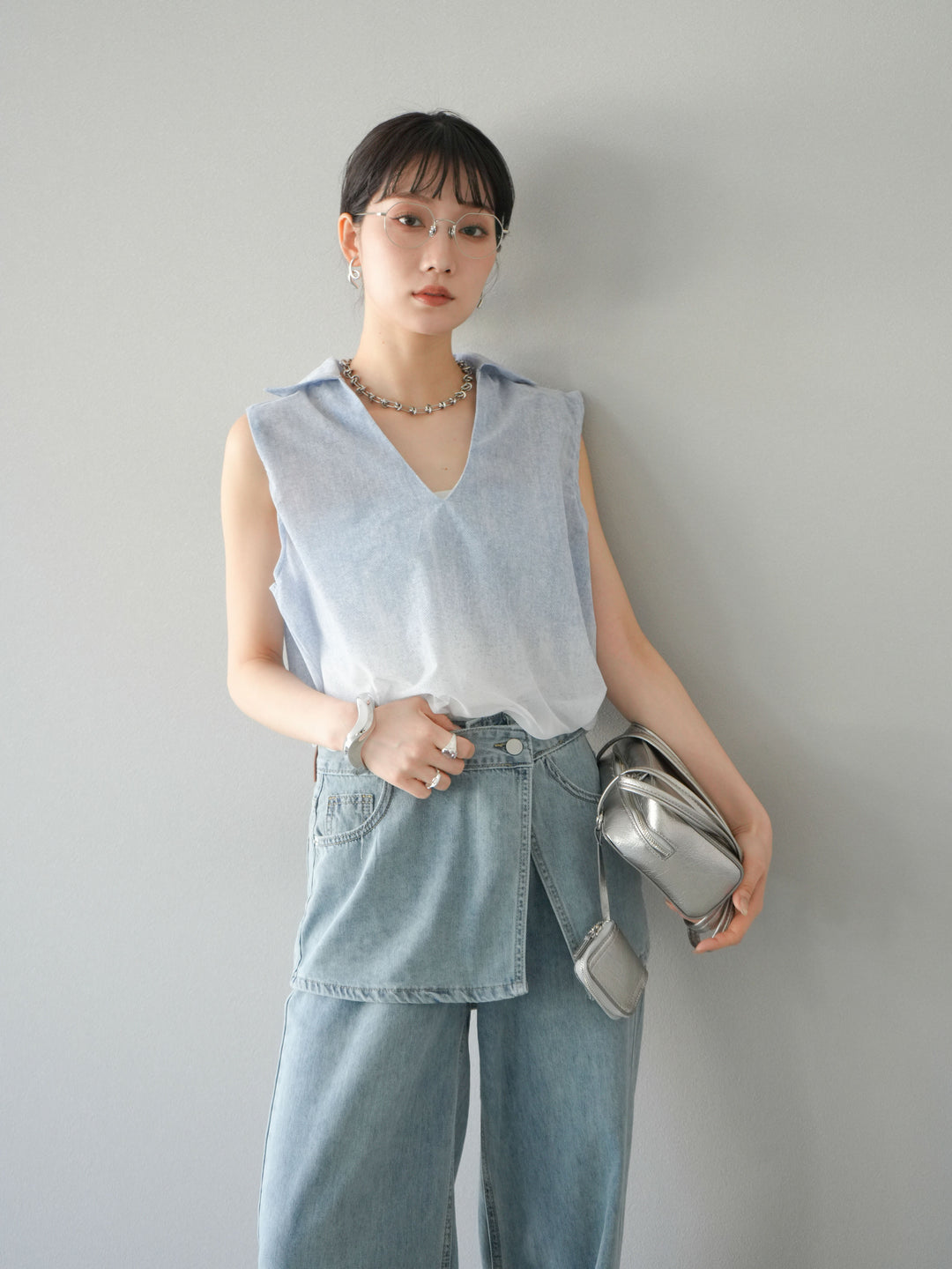 [予約]染めグラデージョンスキッパーブラウス/ライトブルー