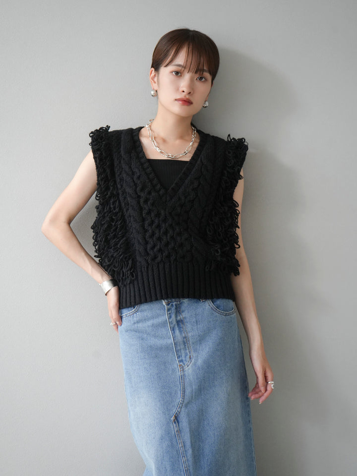 [予約]ループミックス編みニットベスト/ブラック