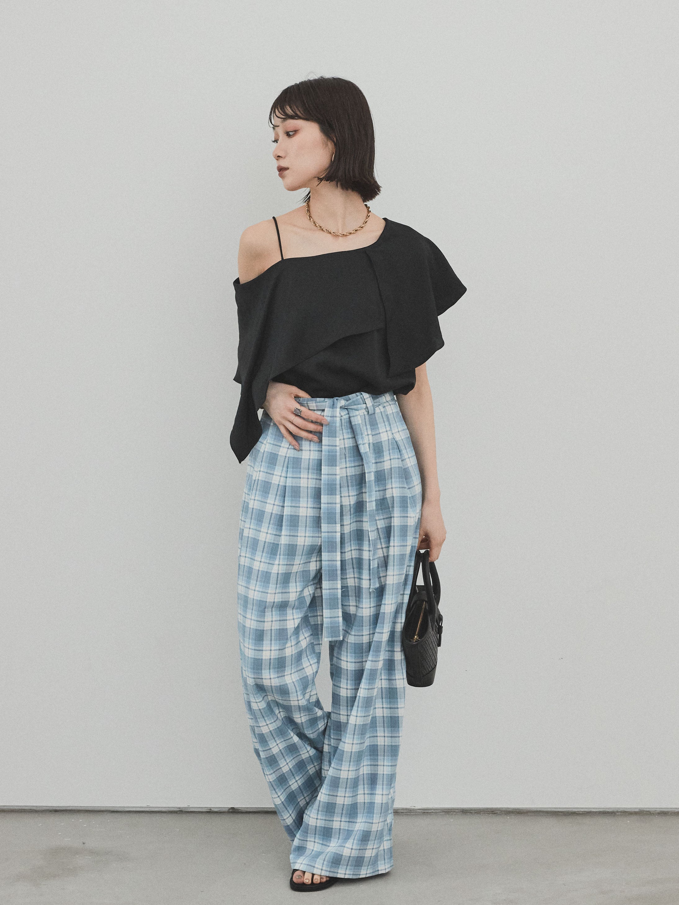 予約]チェック柄ワイドパンツ/ブルー – Lumier